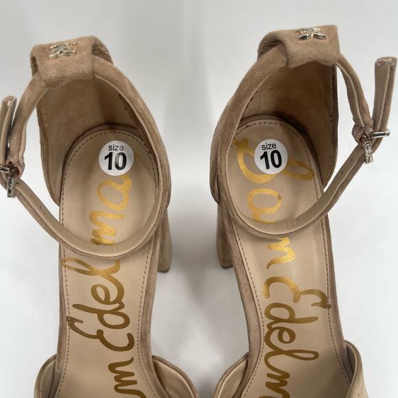 SAM EDELMAN Heels Yancy Size 10 Suede Leather Ankle Strap Block Heel Tan Shoes - Picture 5 of 16